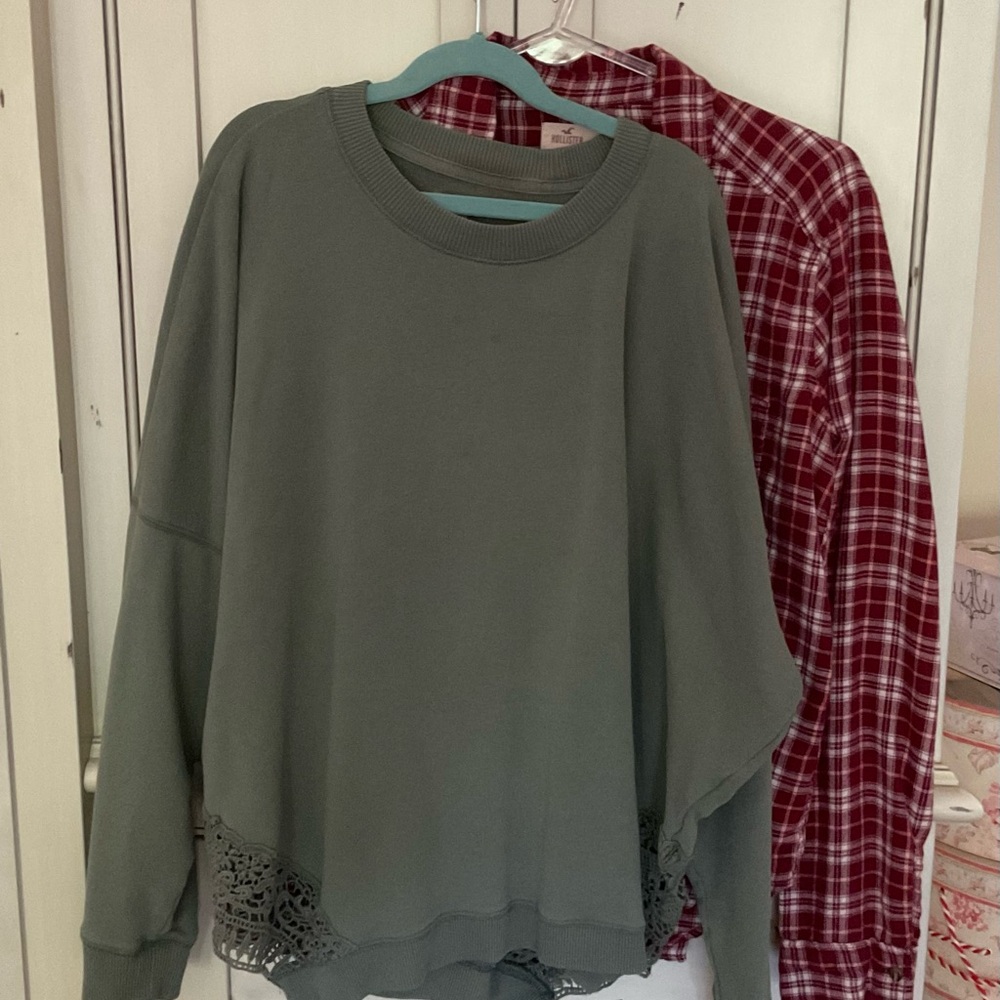 Hollister Plaid Shirt and Aerie sweatshirt with lace inserts